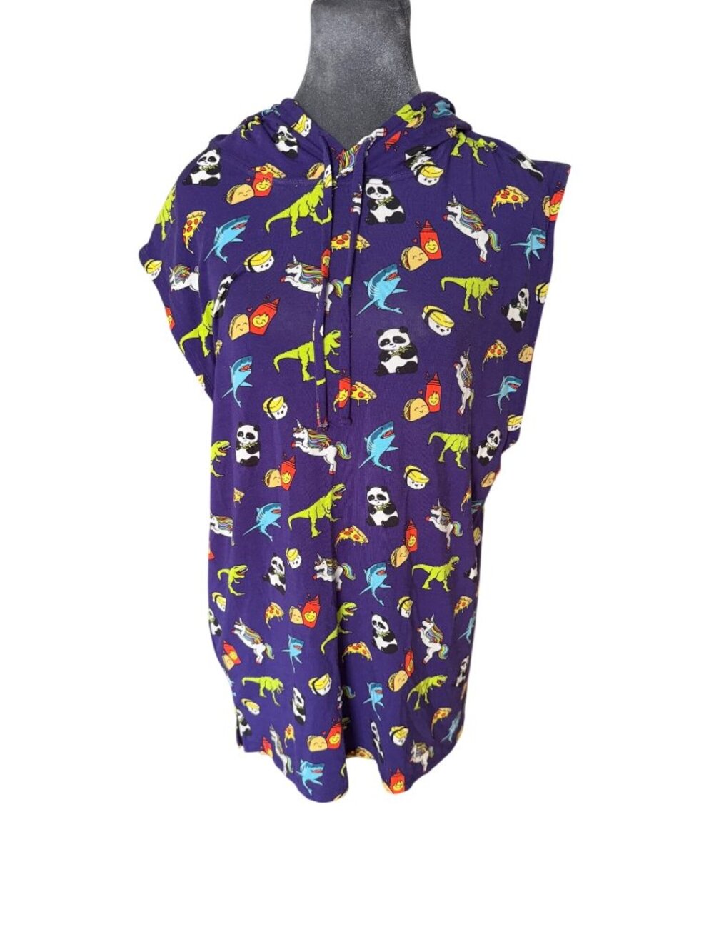 Dinosaur Unicorn Panda Taco Print Hooded Sleeveless Tunic Dress Purple Casual Un